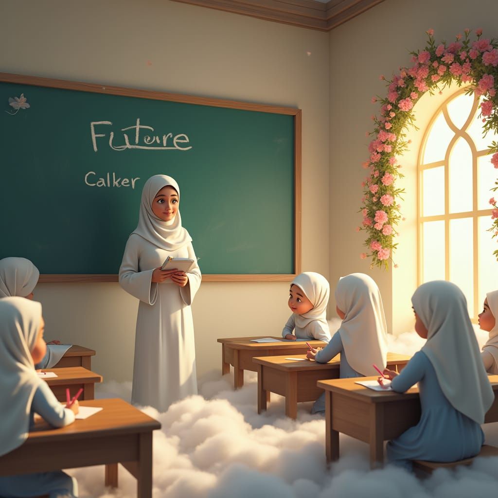 Heavenly Classroom Scene with Muslim Teacher and Students