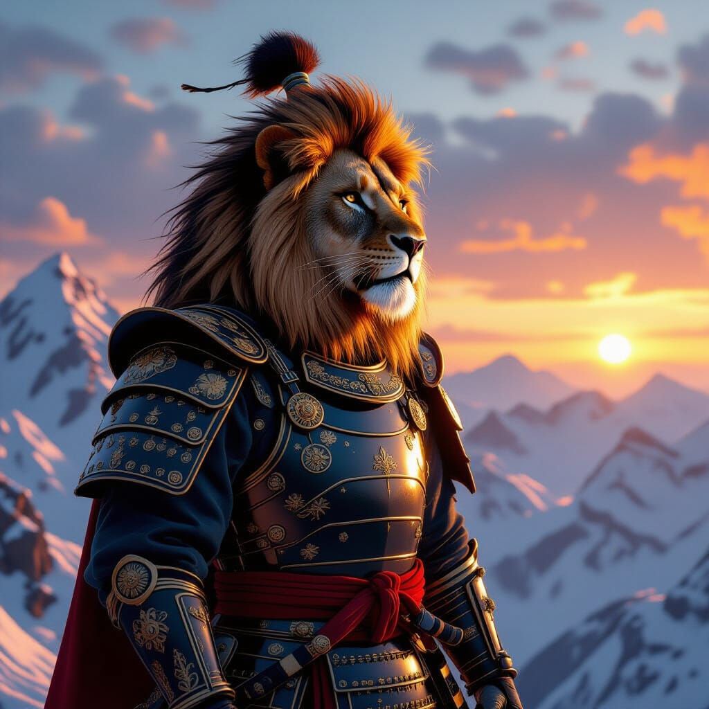 Lion Samurai on Windswept Peak in Hyperrealism