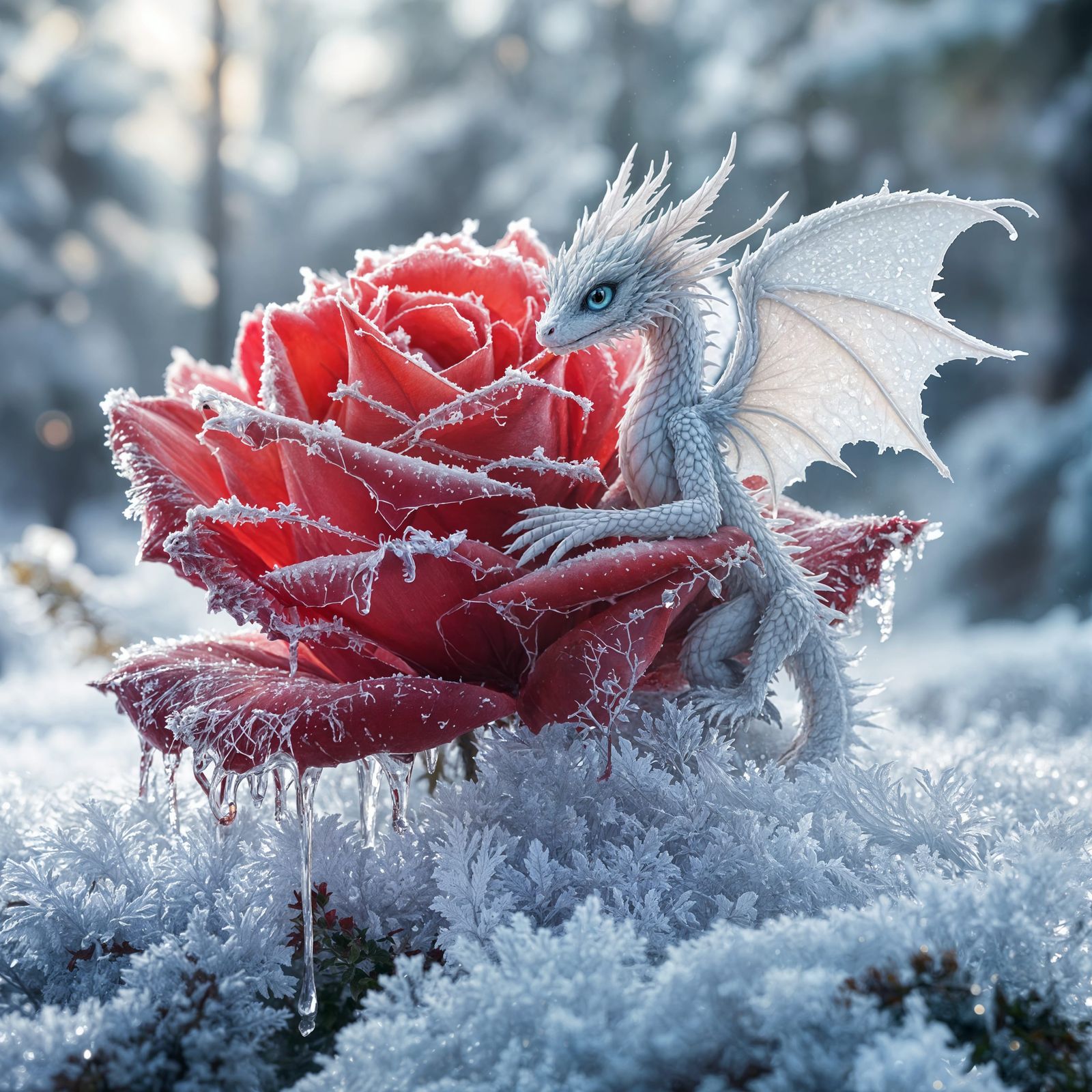 Miniature White Winged Dragon in Winter Wonderland