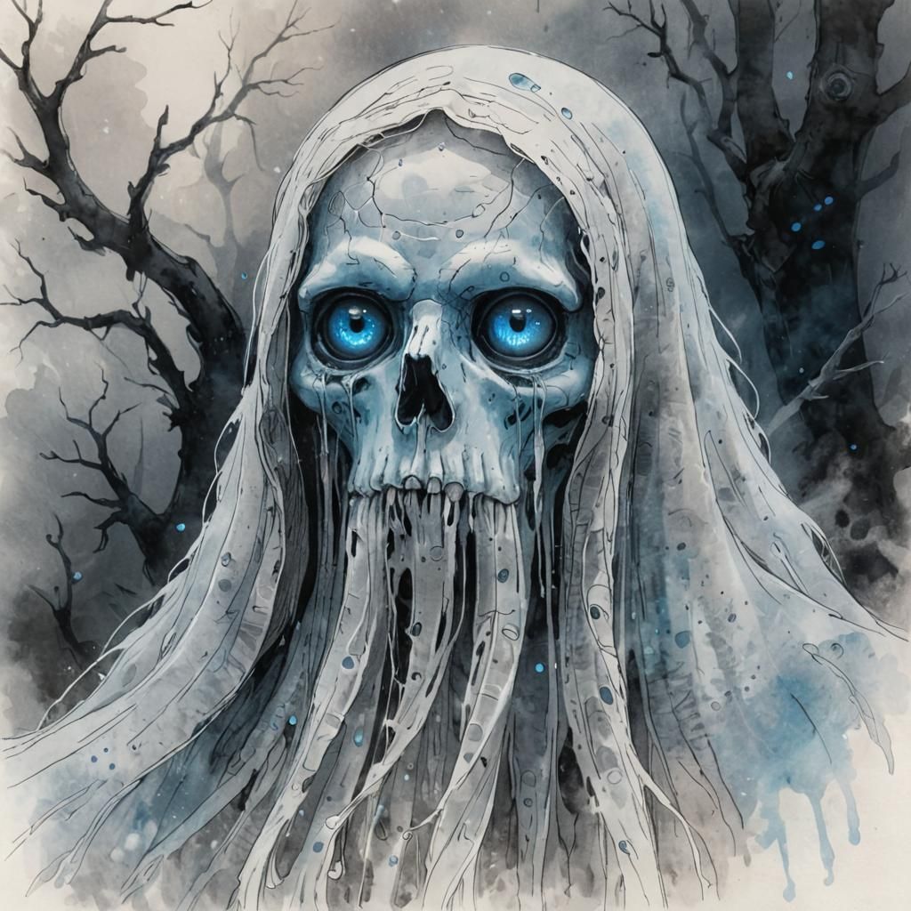 Ethereal Ghost with Glowing Eyes in Sketch Art