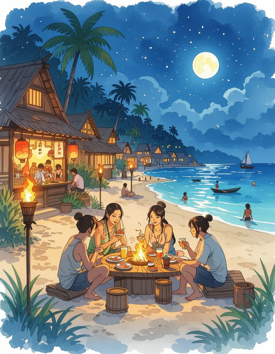 Exotic Seaside Summer Festival: Ink and Watercolor