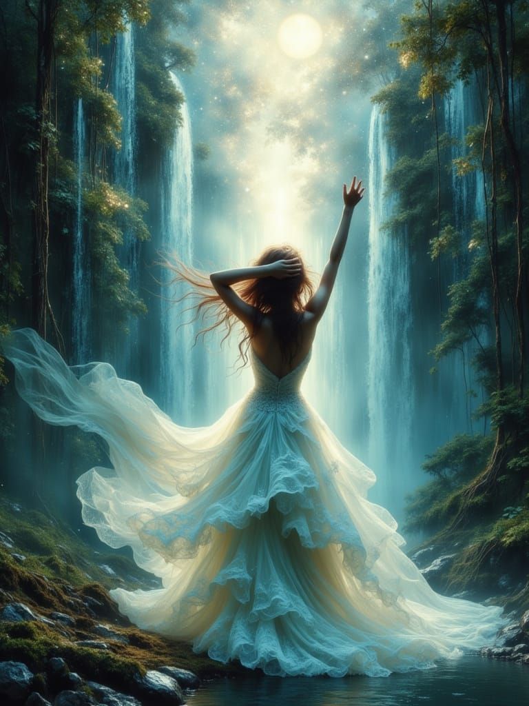 Ethereal Girl Under Moonlit Waterfall, Oil Painting Style