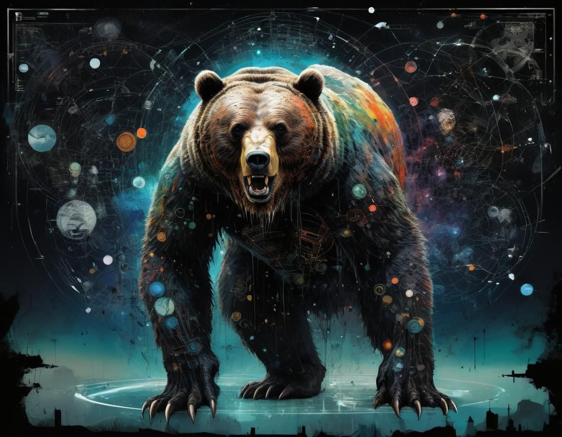 Angry Neural Network Bear Roaring in Nebula Night Sky