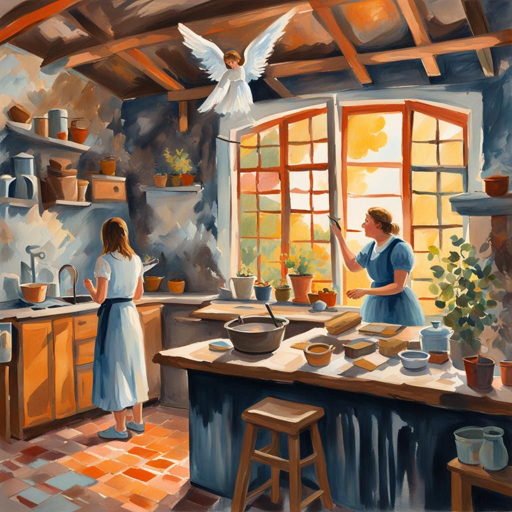 Angel Visits Modern Woman: Gouache Impressionist Scene