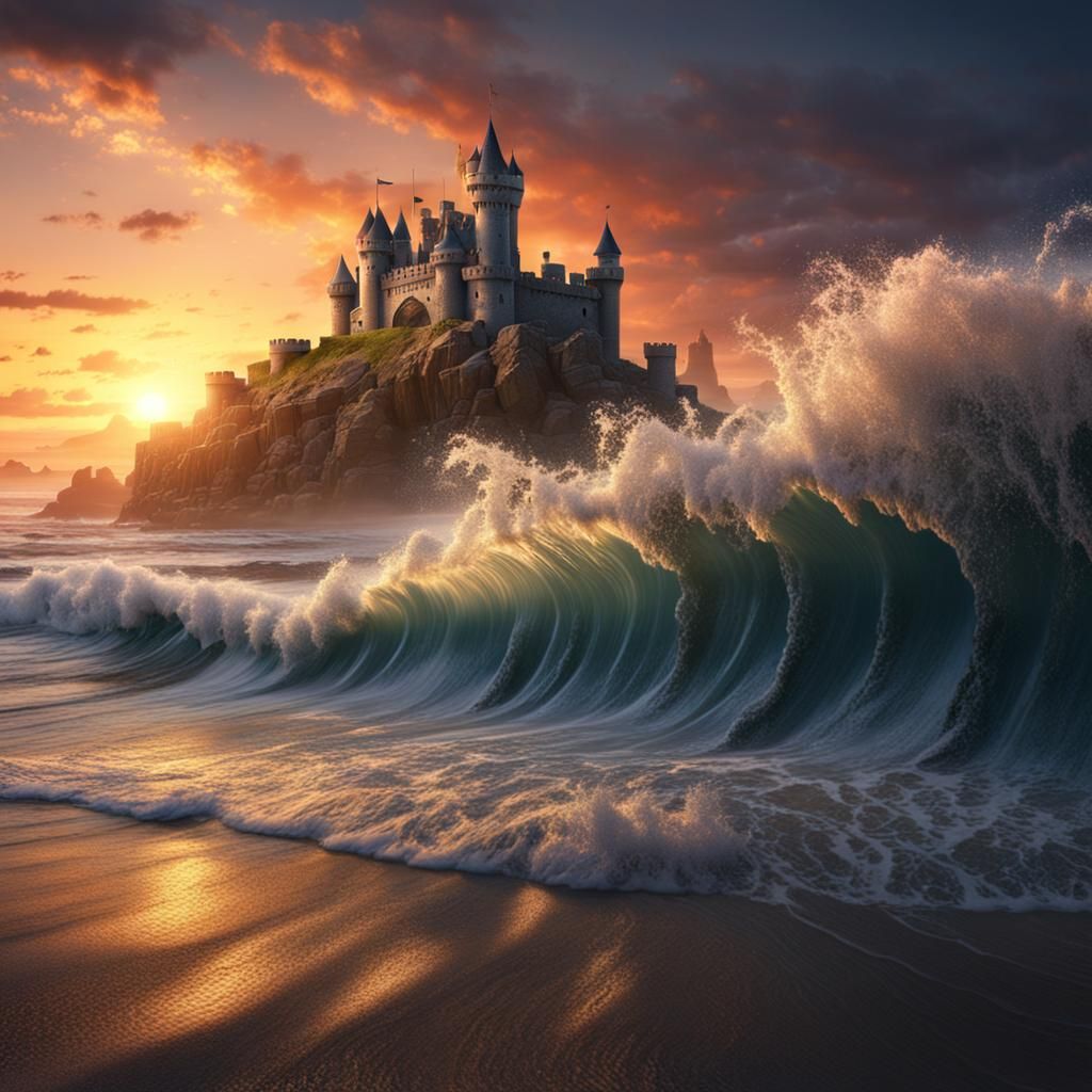 Beach Sunset with Castle: Detailed Matte Painting