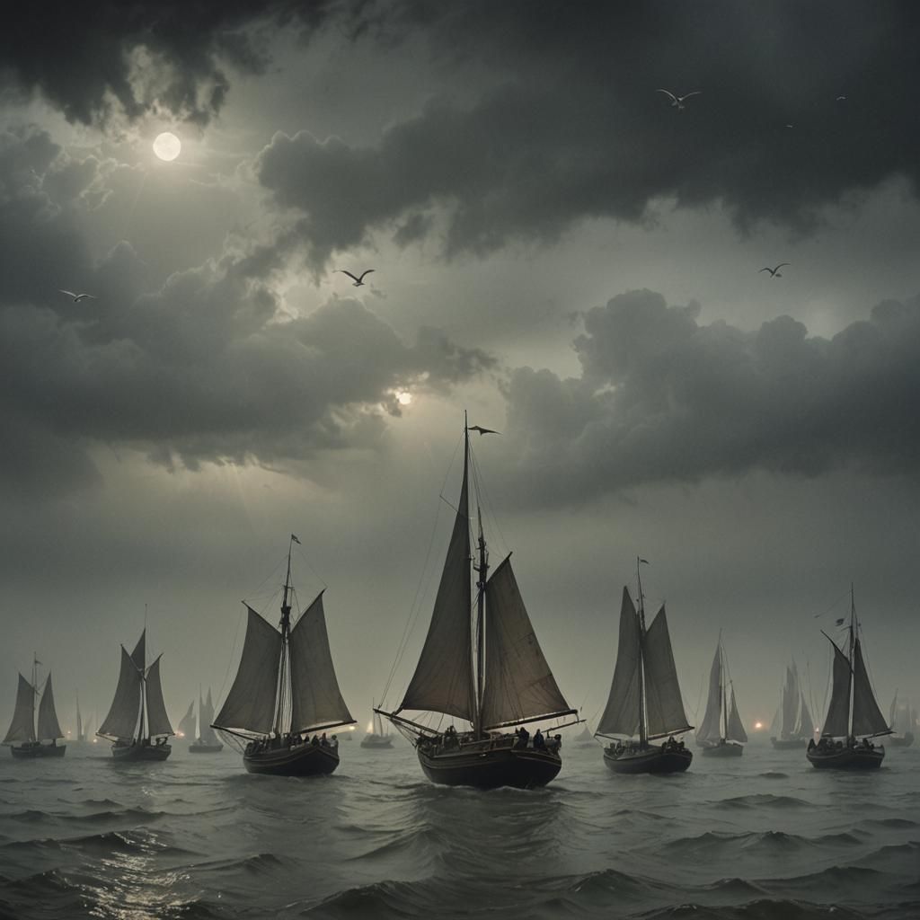 Eerie Surrealism: Ghostly Regatta in Gustave Doré Style