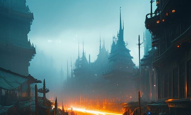Dystopian Medieval Cityscape with Candles in Digital Art