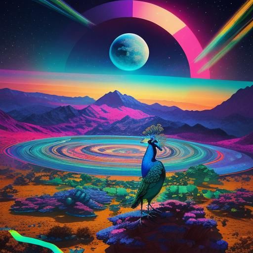 Glass Peacock Double Exposure on Alien Planet