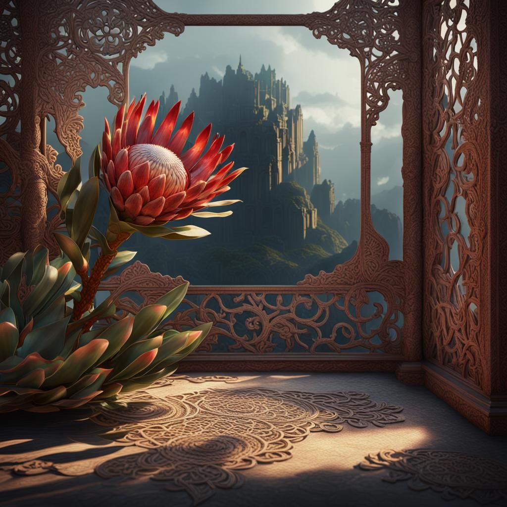 Protea Flower with Lace in Detailed Digital Painting