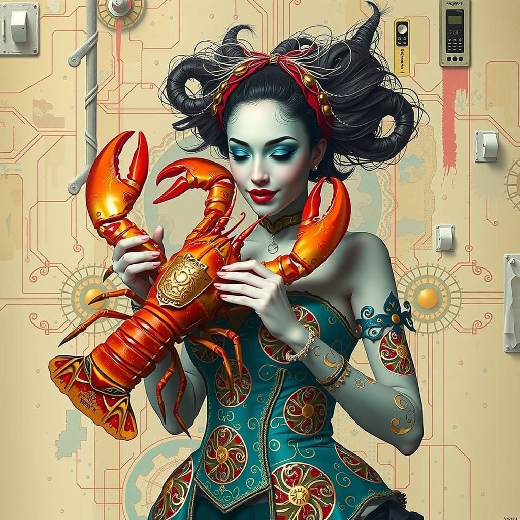Cyberpunk Jester Enchants with Glowing Lobster