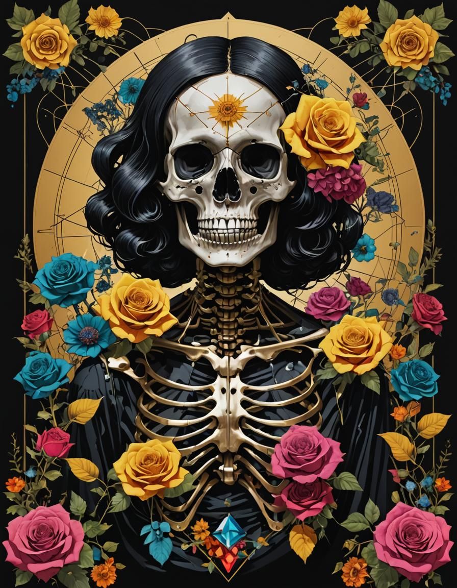 Skeleton Woman with Flowers in Pop Art Style