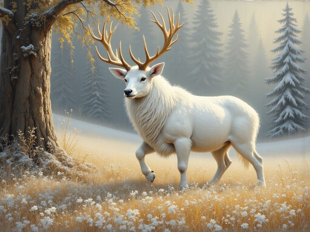 Majestic White Stag in Snowy Winter Landscape
