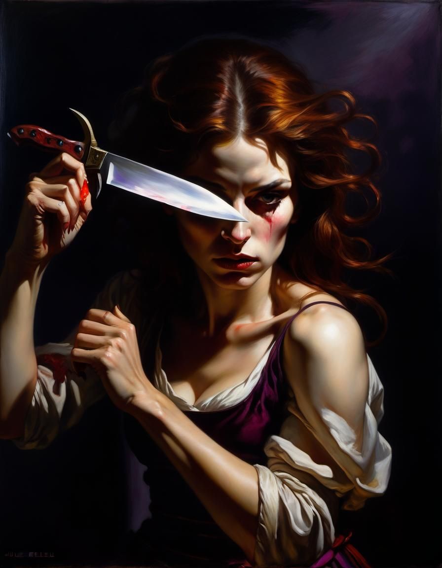 Dark Fantasy Woman with Knife in Vibrant Colors