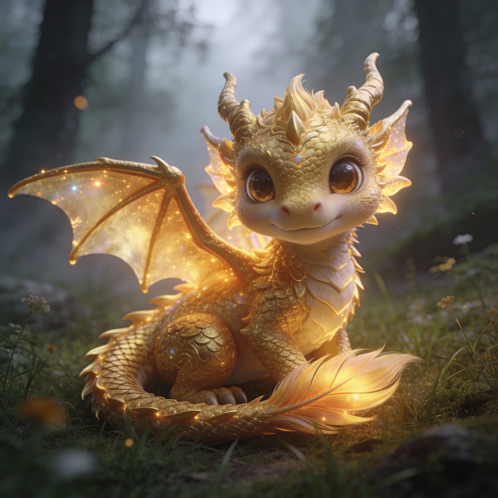 Golden Dragon in Misty Forest Meadow