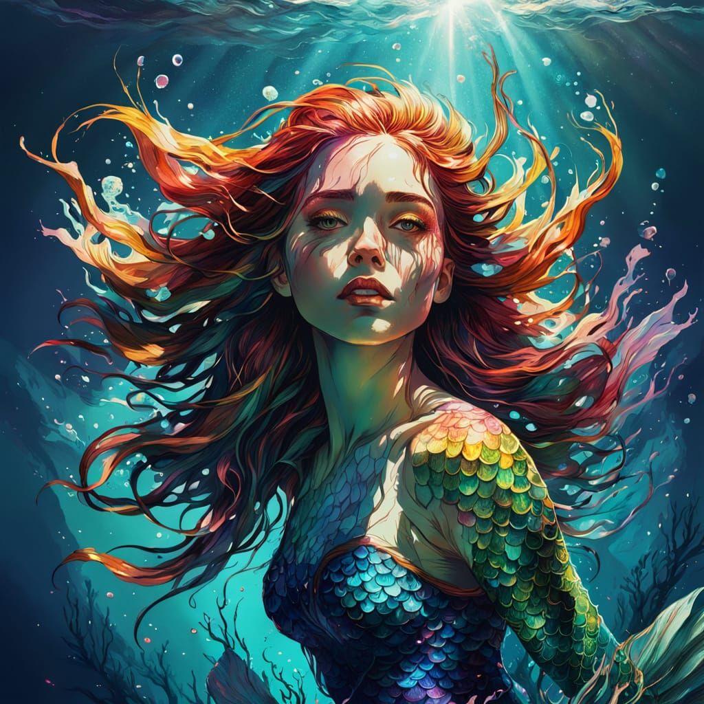 Beautiful Mermaid in Ocean Deep Splash Art