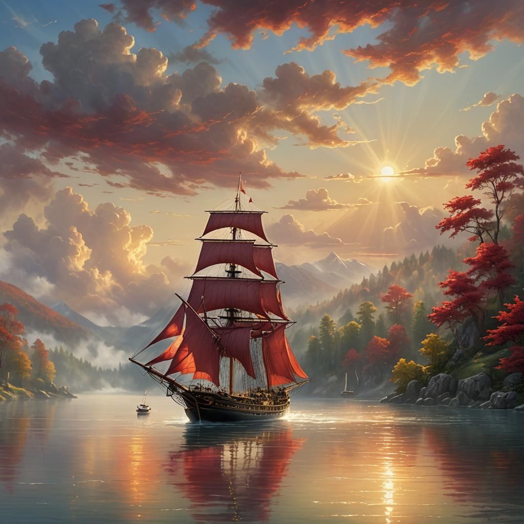 Red Sails on Misty Lake: Ethereal Fantasy Art