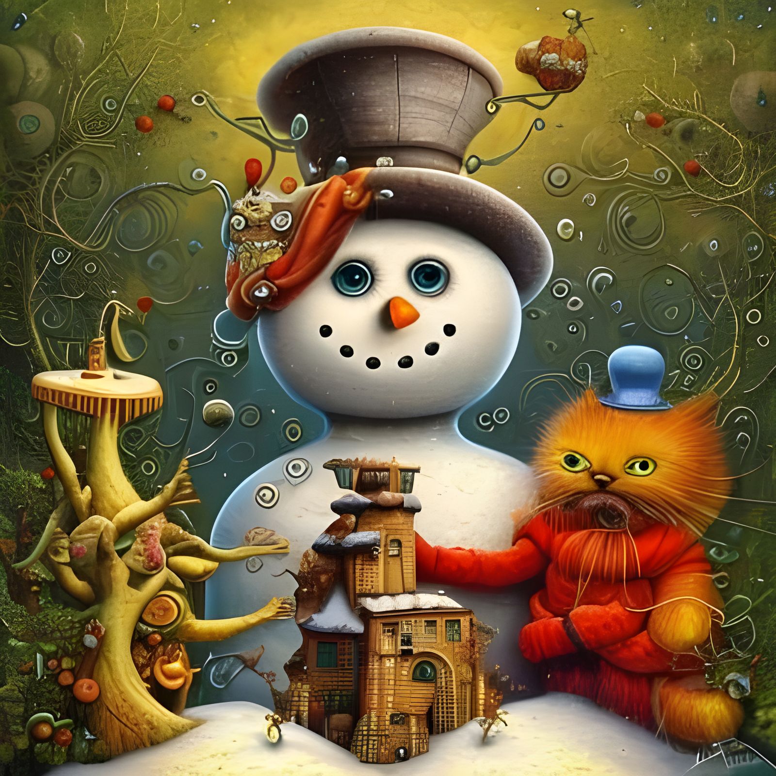 Snowman's Surreal Companions: Cat and Dog in Digital Art