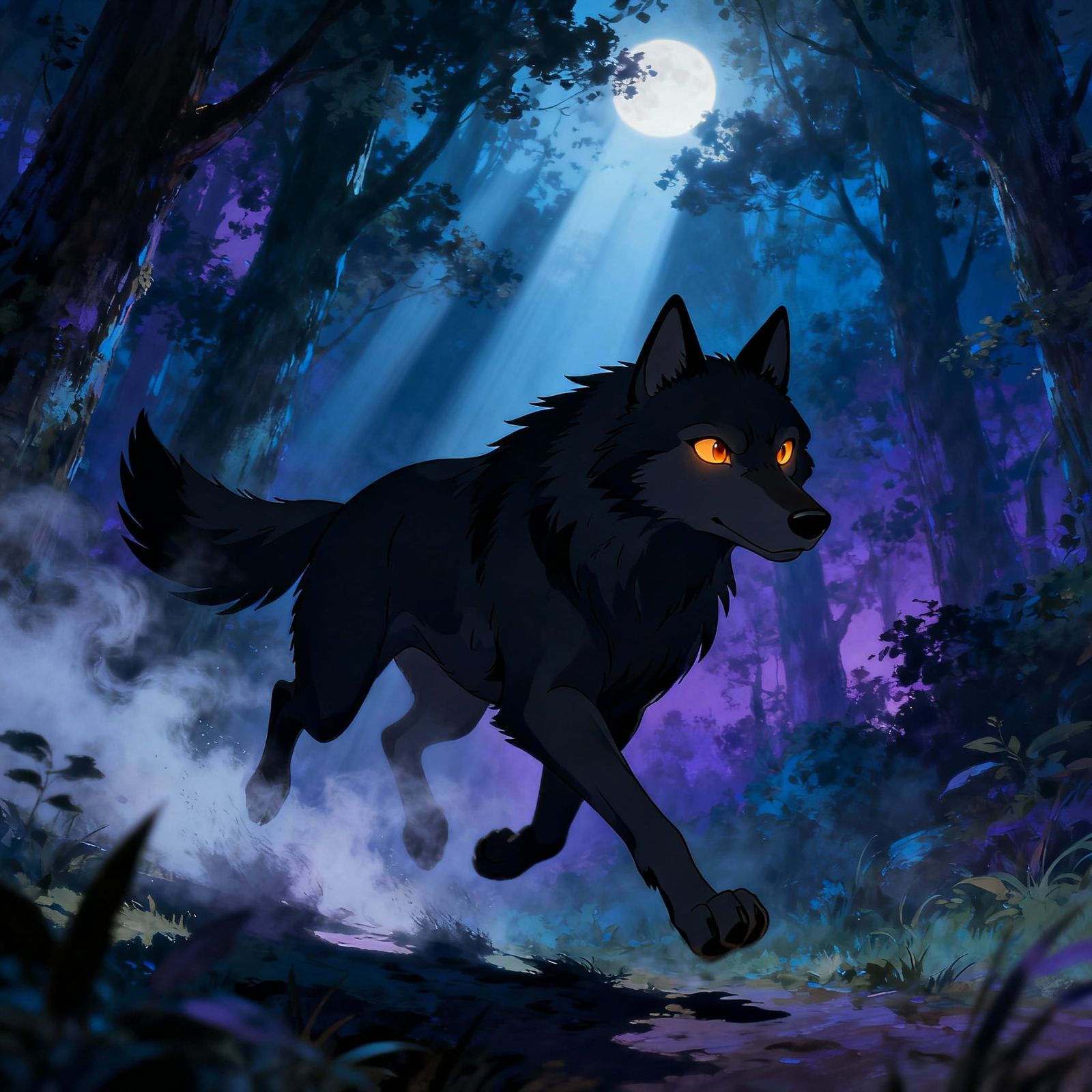 Animated Black Wolf with Amber Eyes in Mystical Forest