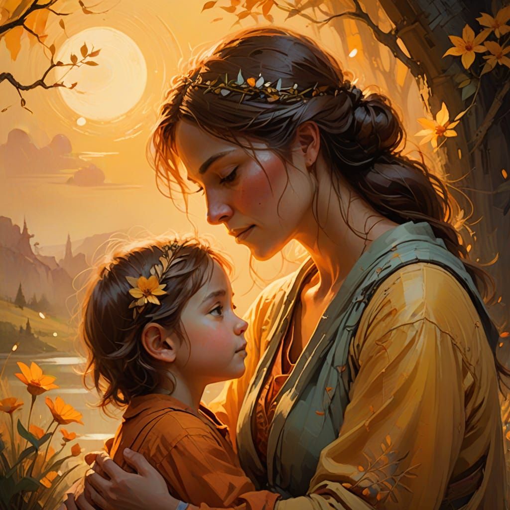 Mother and Child Share a Whimsical Moment in Fantasy Setting