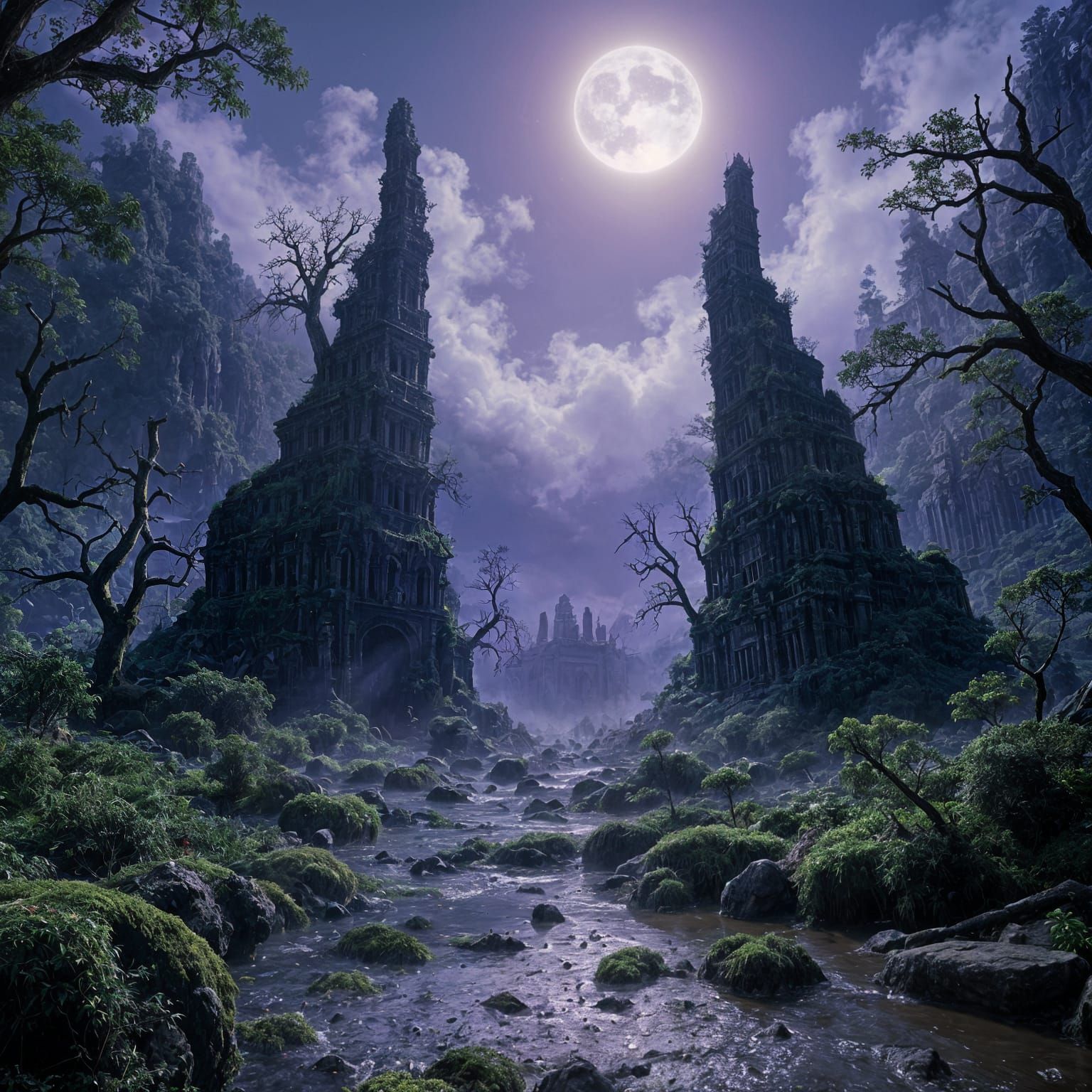 Lost City Ziggurats in Bioluminescent Jungle