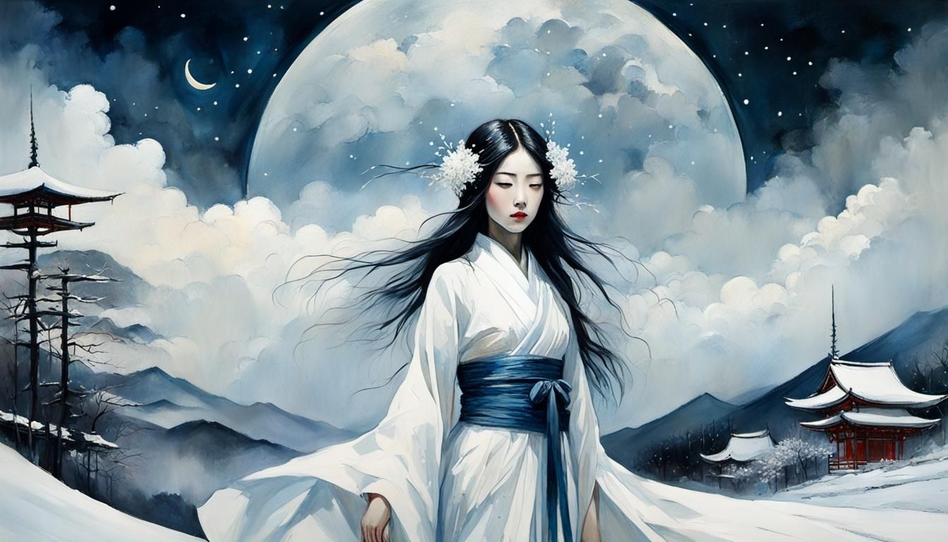 Yuki Onna with Stars: Dreamy Impressionistic Oil Painting
