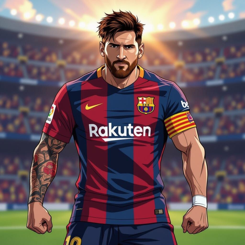 Hybrid Messi and Muscular Warrior in Anime Style