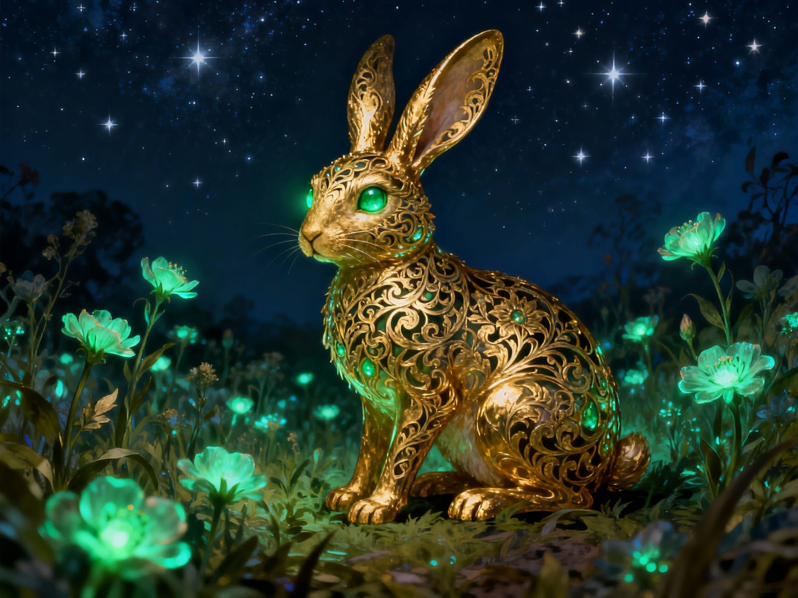 Golden Rabbit with Emerald Eyes in Bioluminescent Field