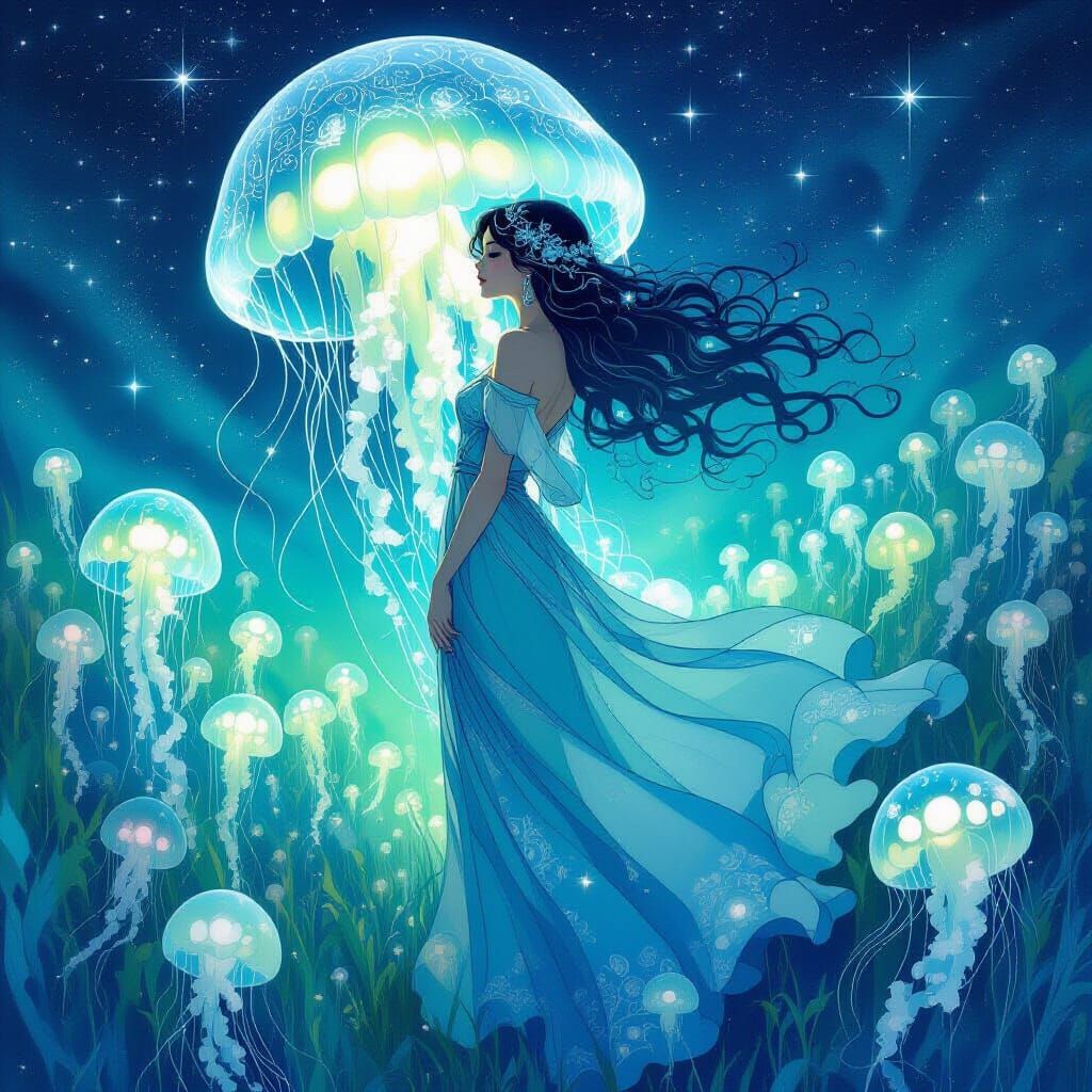 Woman with Water Hair in Luminous Jellyfish Field
