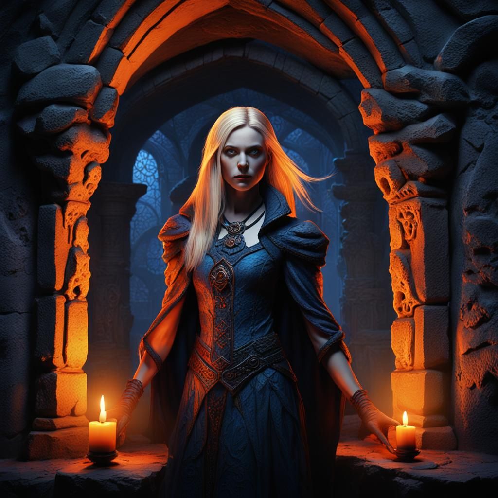 Blonde Vampire in Gothic Stone Setting: Fantasy Art