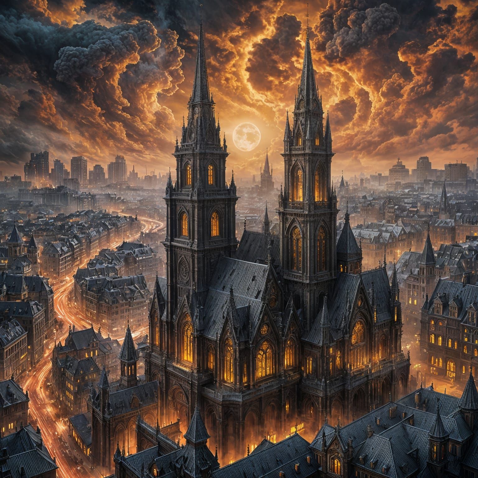 Dark Fantasy Cityscape in Volumetric Lighting