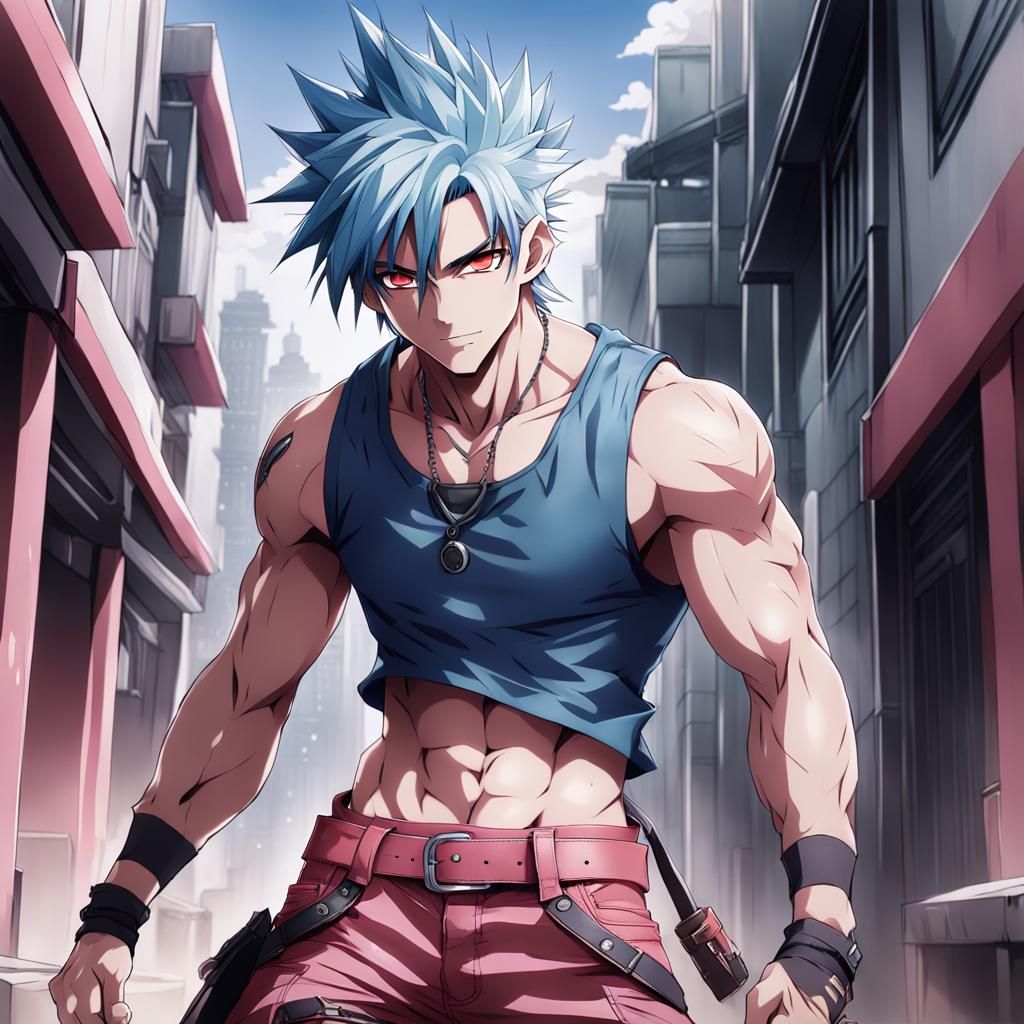 Anime Hero with Blue Hair and Pink Shirt