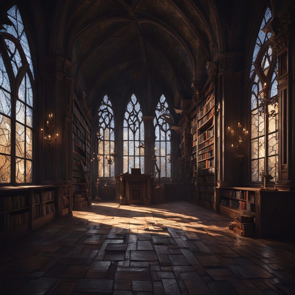 Moonlit Ancient Library Filled with Dusty Tomes