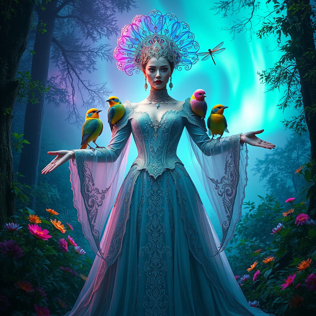 Aurora Goddess in Mystical Forest, Ethereal Gown