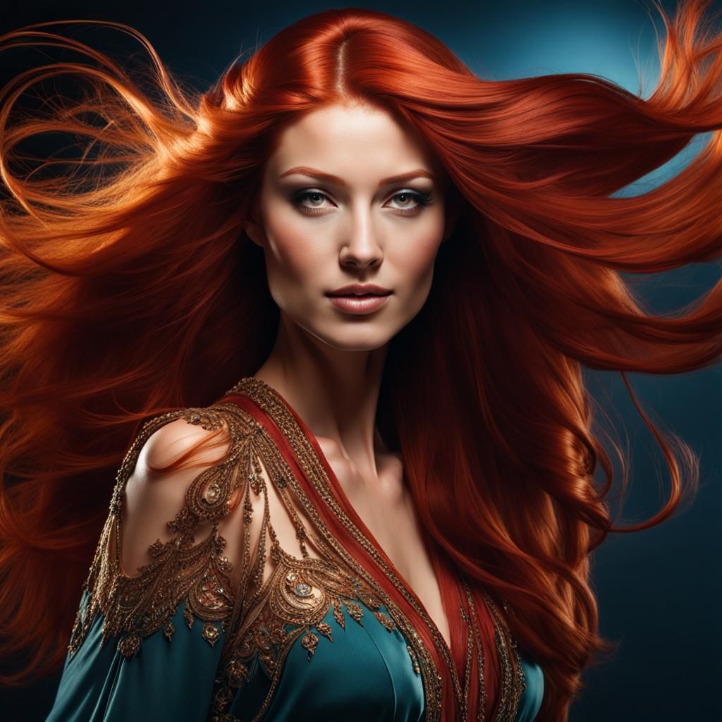 Smiling Woman with Flowing Red Hair