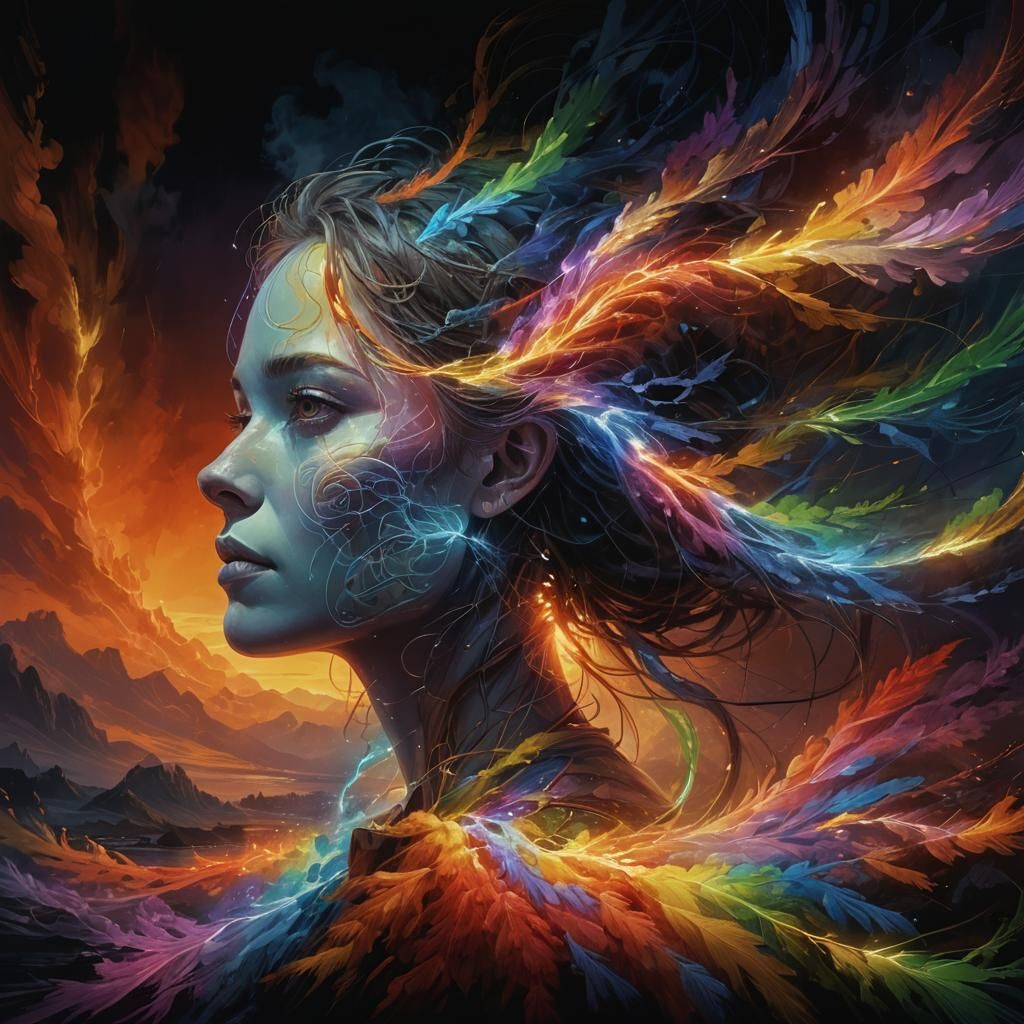 Rainbow Light Female Face in Cinematic Style