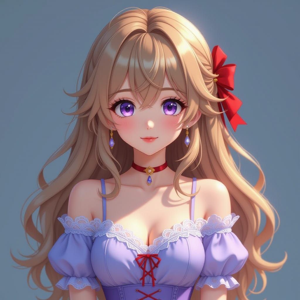 Anime Girl with Blonde Hair and Violet Eyes in Lilac Skirt