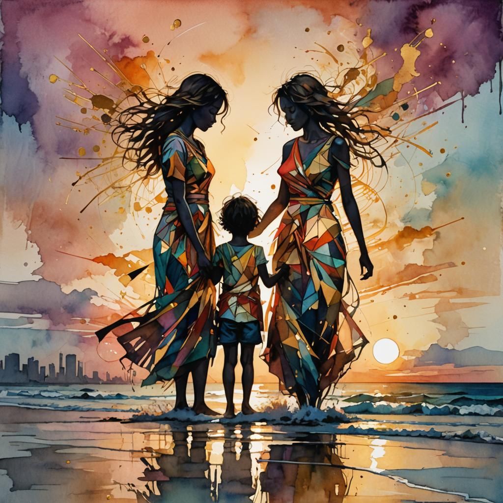 Beach Sunset Silhouettes in Cubist Watercolor