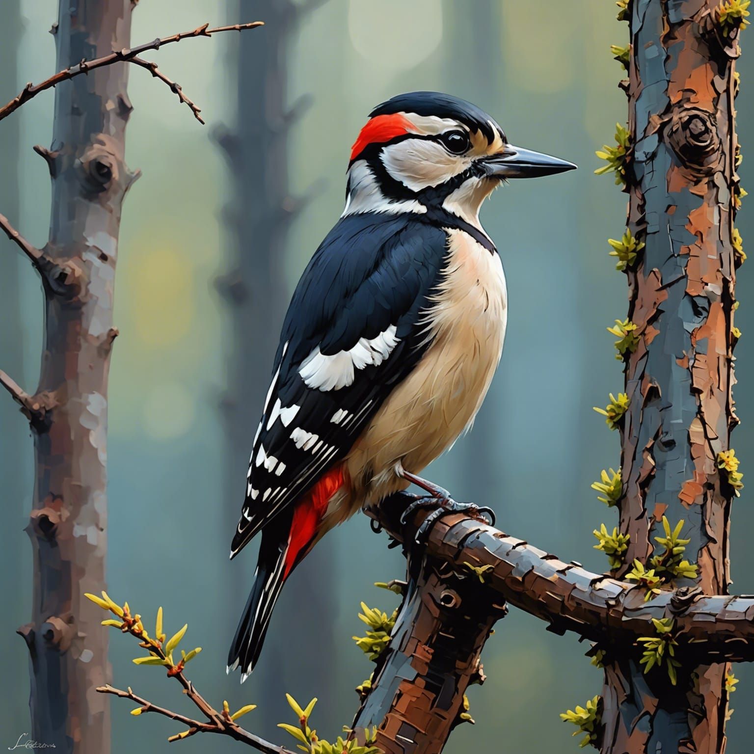 Woodpecker on Branch: Abstract Acrylic Landscape Art