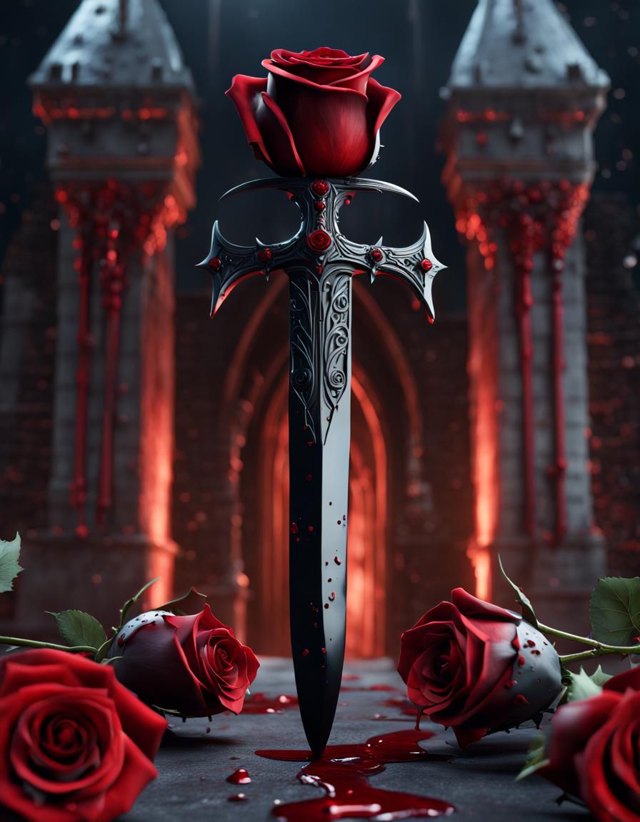 Hyperrealistic Black Dagger with Gothic Castle