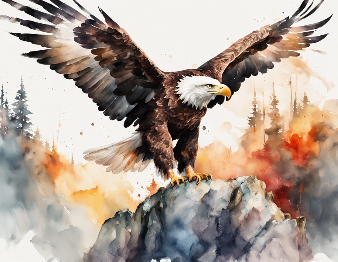 Majestic Eagle on Rocky Ledge in Watercolor Style