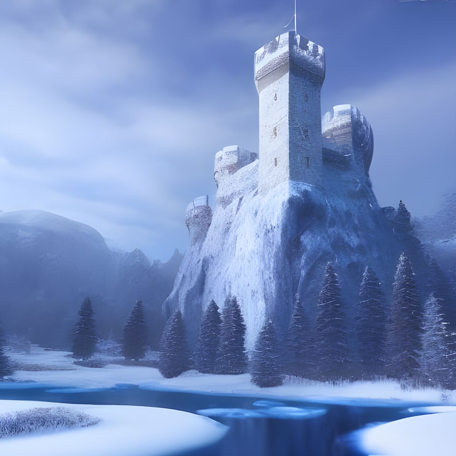 Snowy Medieval Castle at Dawn: Bob Ross Style