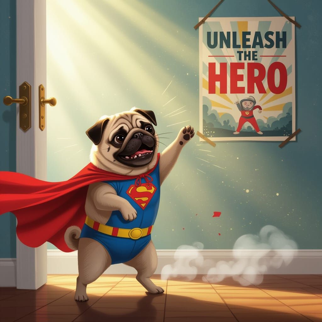 Superhero Pug in a Funny Predicament