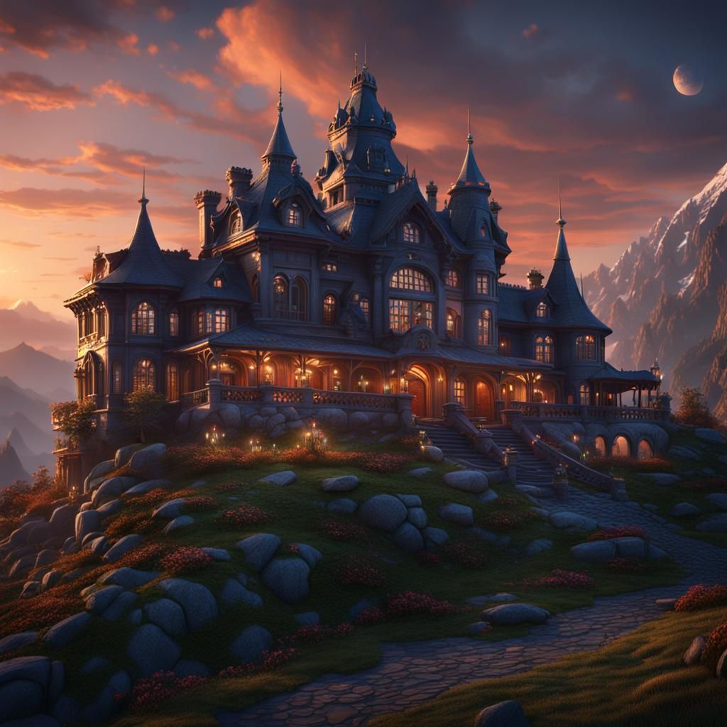 Mountain Top Mansion at Dusk: Matte Painting
