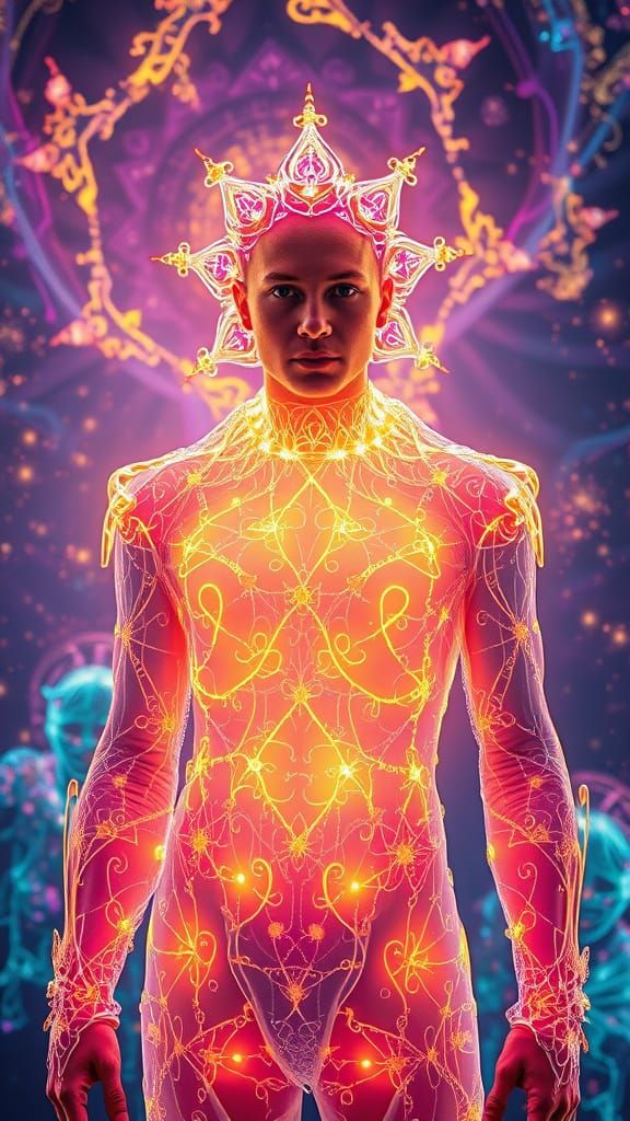 Vibrant, iridescent-costumed glow technician, surrounded by ...