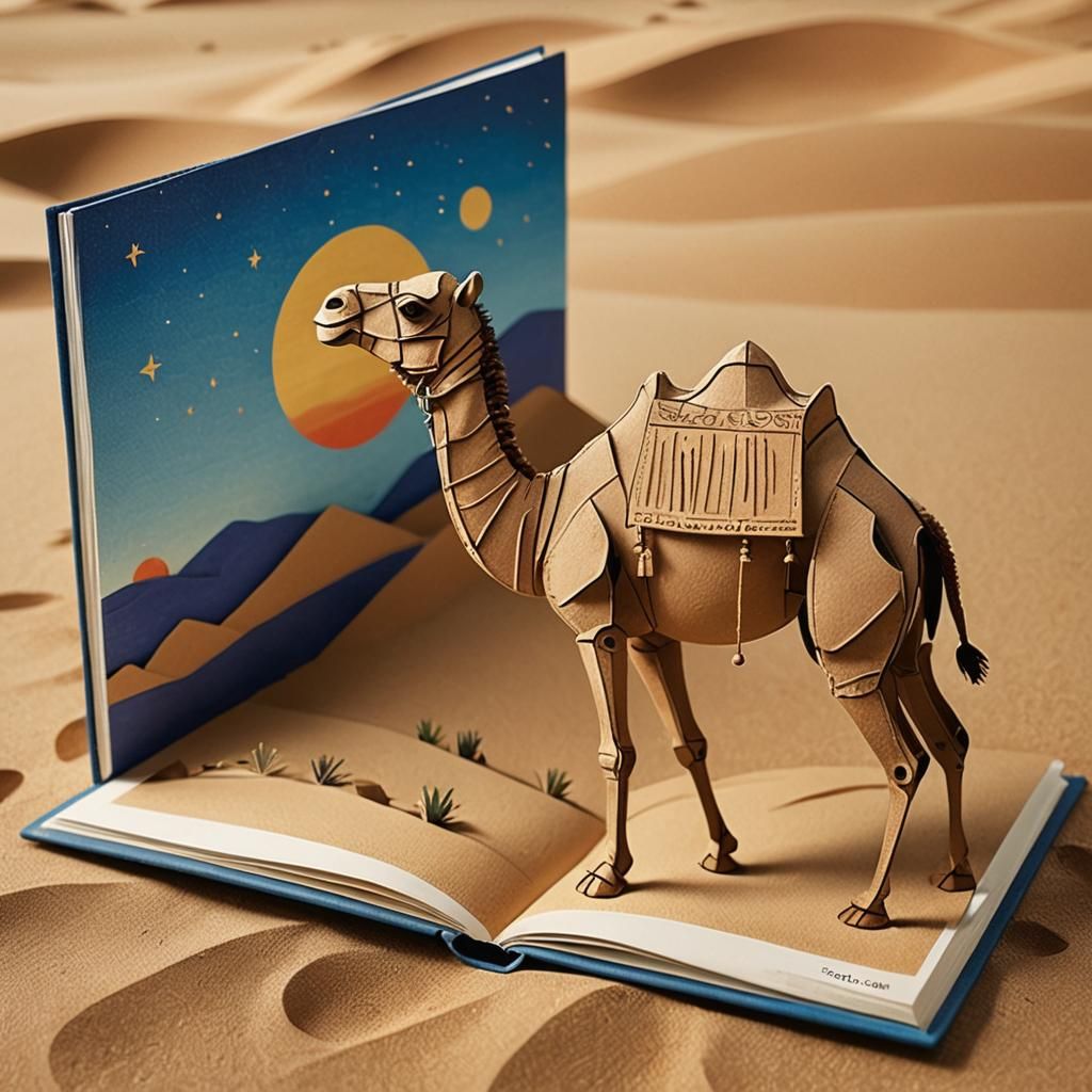 Camel on Dune in Pop-Up Book Style
