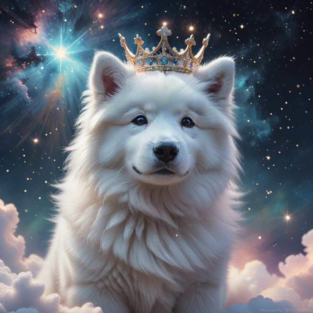 Samoyed Puppy with Starlight Crown: Whimsical Digital Art