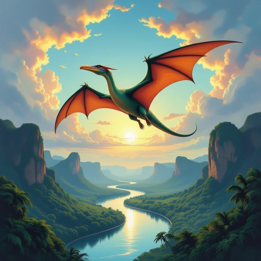 Gigantic Pterodactyl Soaring in Surreal Dali-Inspired Sky