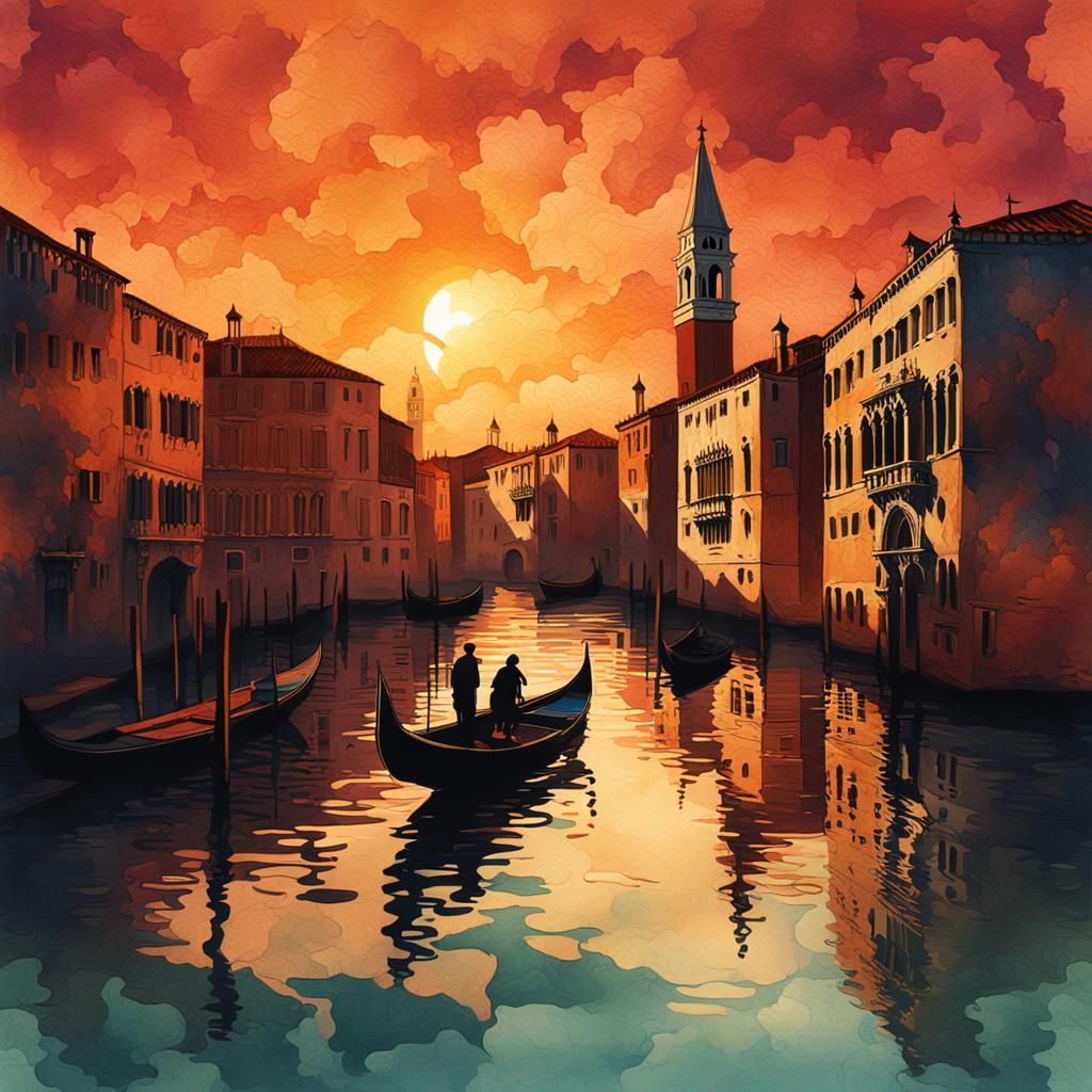 Venetian Waters at Sunset in Artistic Ink Painting Style