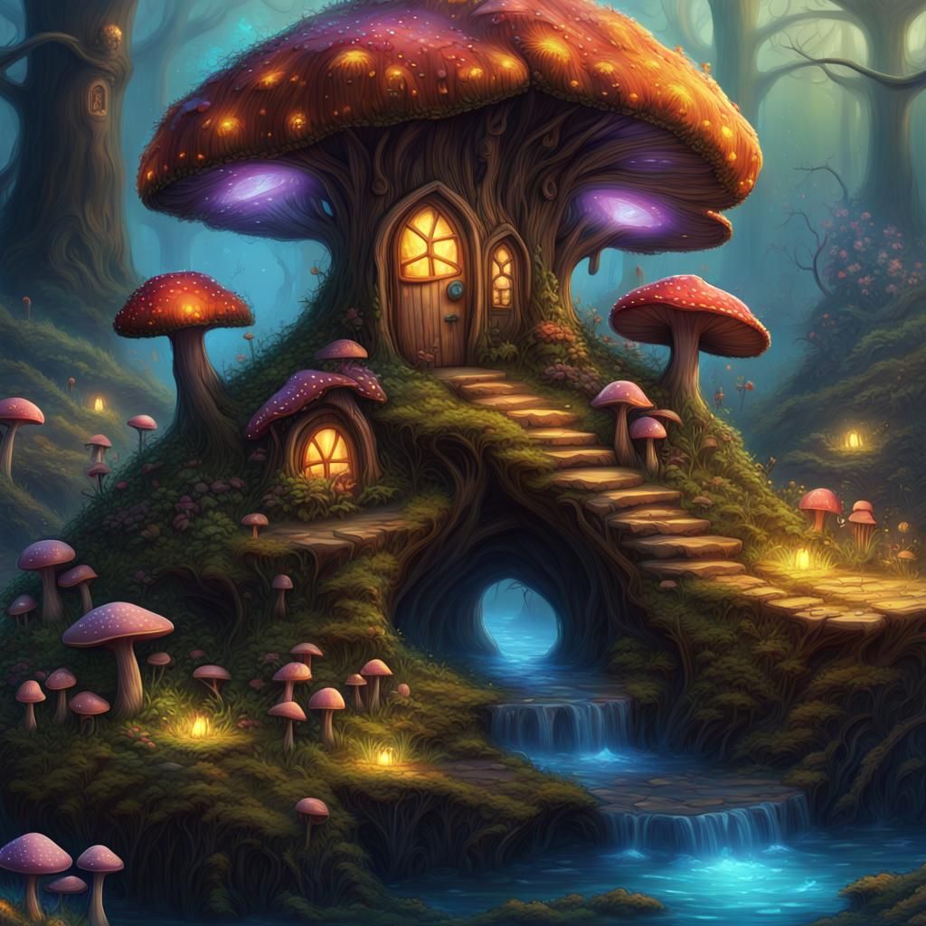Hyperrealistic Fairy Village with Glowing Mushrooms