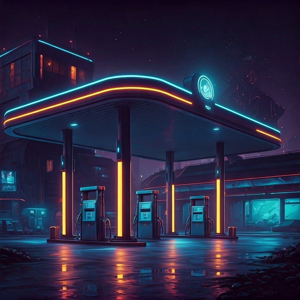 Neon Alien Petrol Station in Cyberpunk Style